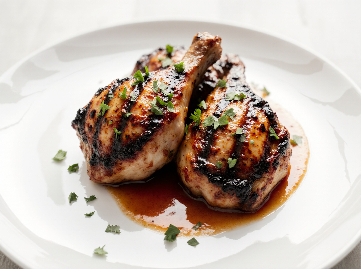 Delicious air fryer BBQ chicken garnished with herbs and grilled to perfection.