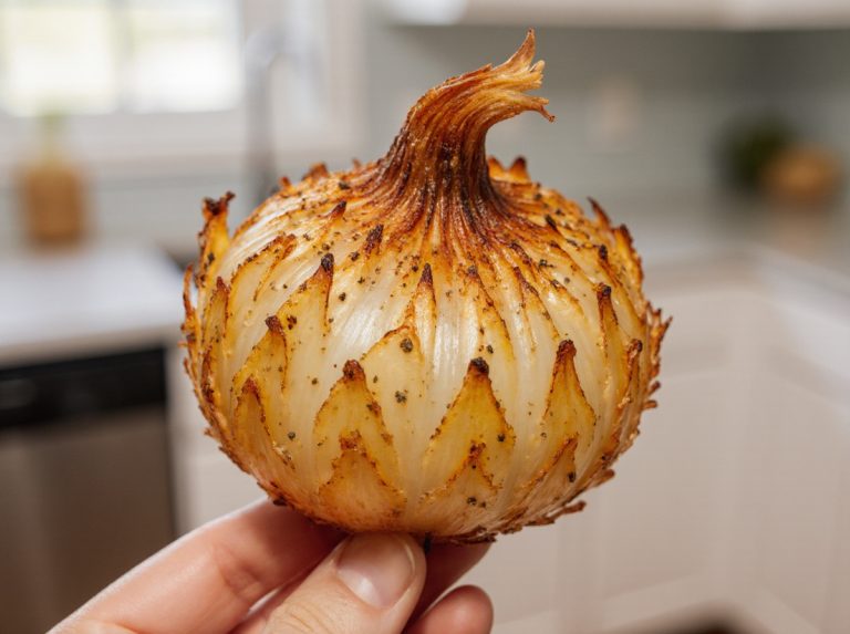 Deliciously crispy air fryer blooming onion with zesty dipping sauce.