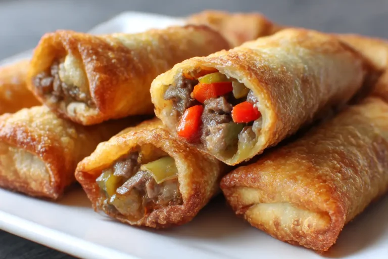 Delicious air fryer cheesesteak egg rolls bursting with flavor and topped with dipping sauce.