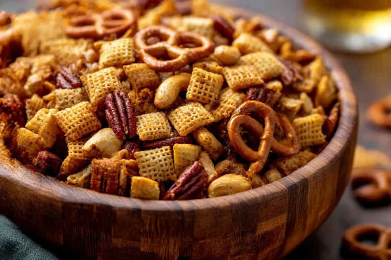 Crunchy and delicious Air Fryer Chex Mix, perfect for snacking on movie night.