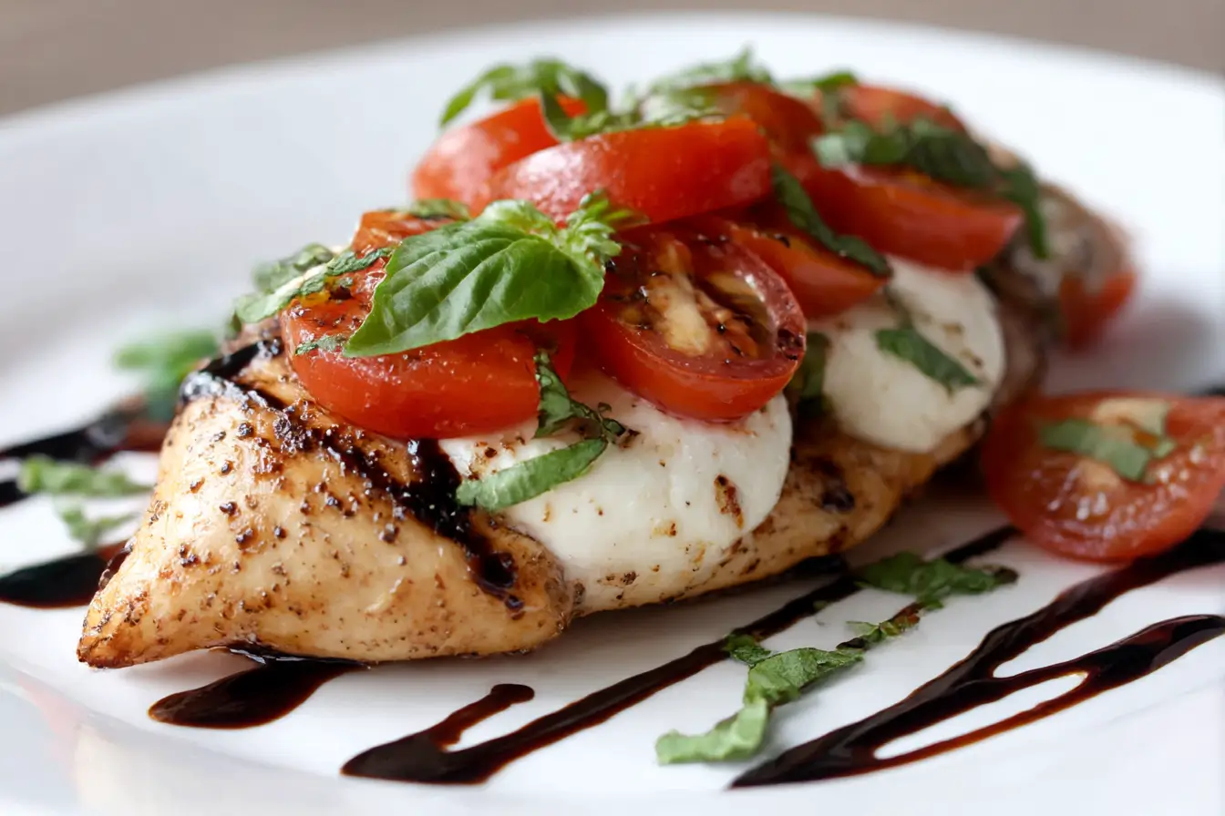 Delicious air fryer chicken caprese with fresh basil and mozzarella.