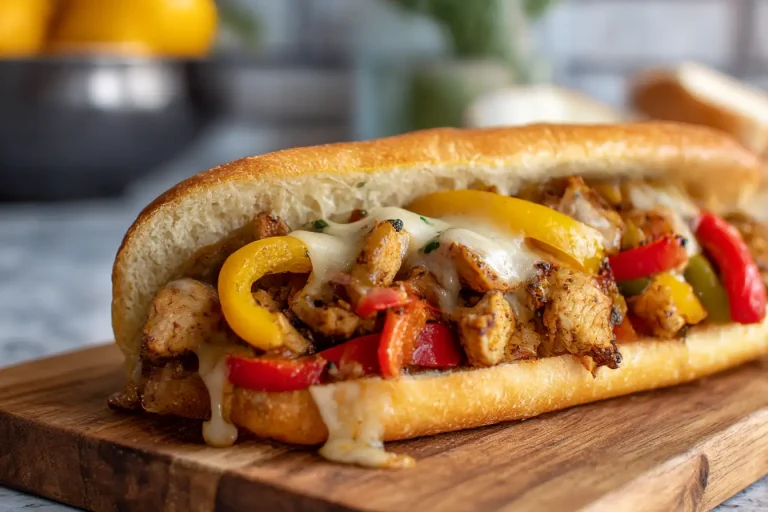 Delicious air fryer chicken Philly cheesesteak loaded with melted cheese and fresh vegetables.