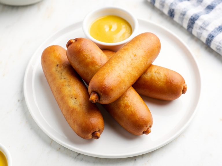 Delicious air fryer corn dogs with a crispy golden exterior and juicy hot dog inside.