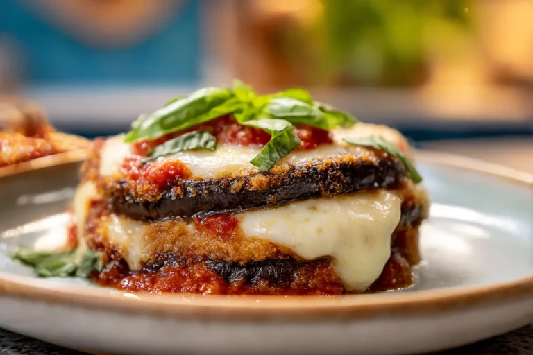 Delicious air fryer eggplant parmesan featuring crispy layers of cheese and tender eggplant.