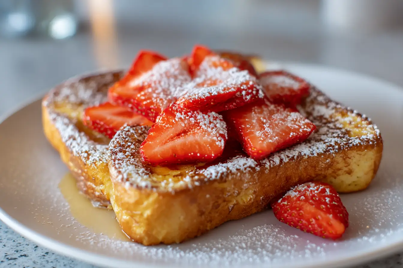 Delicious air fryer French toast topped with fresh berries and maple syrup.
