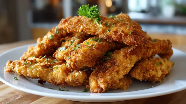 Crispy air fryer frozen chicken strips served with dipping sauce.