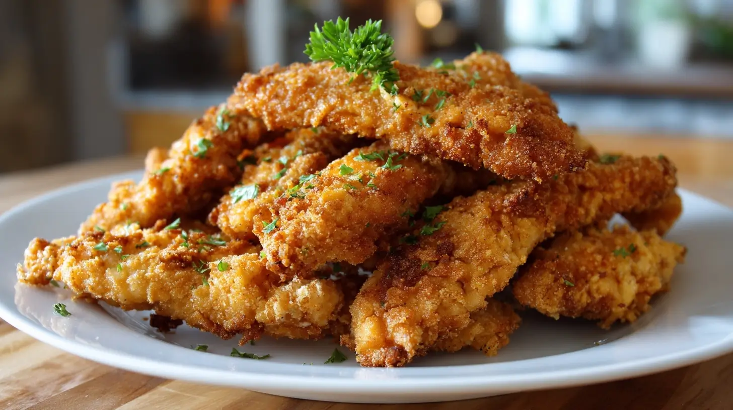 Crispy air fryer frozen chicken strips served with dipping sauce.