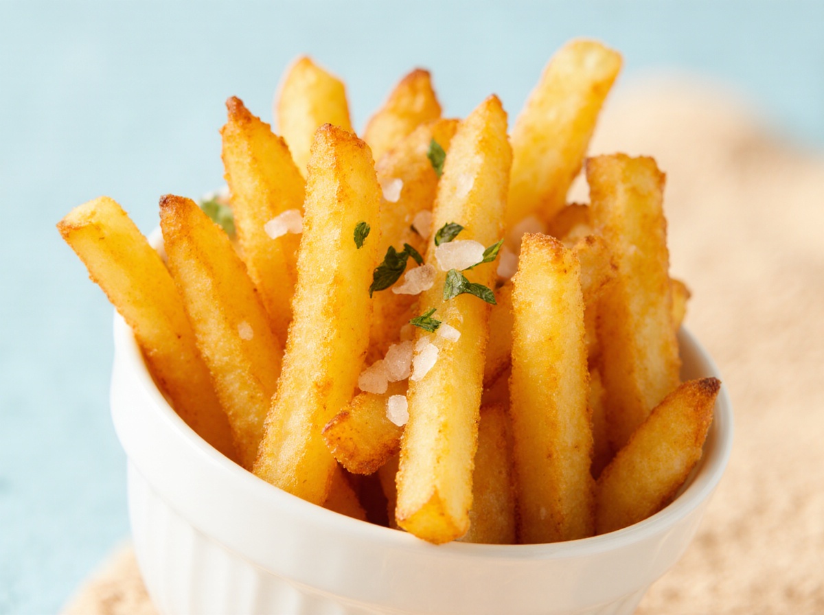 Crispy air fryer frozen french fries perfectly cooked for a delicious side dish.