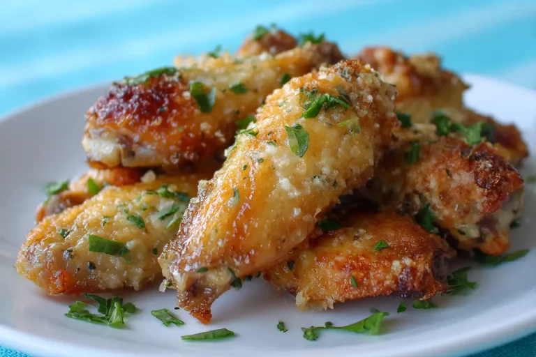 Crispy air fryer garlic Parmesan wings with a golden crust ready to be served.