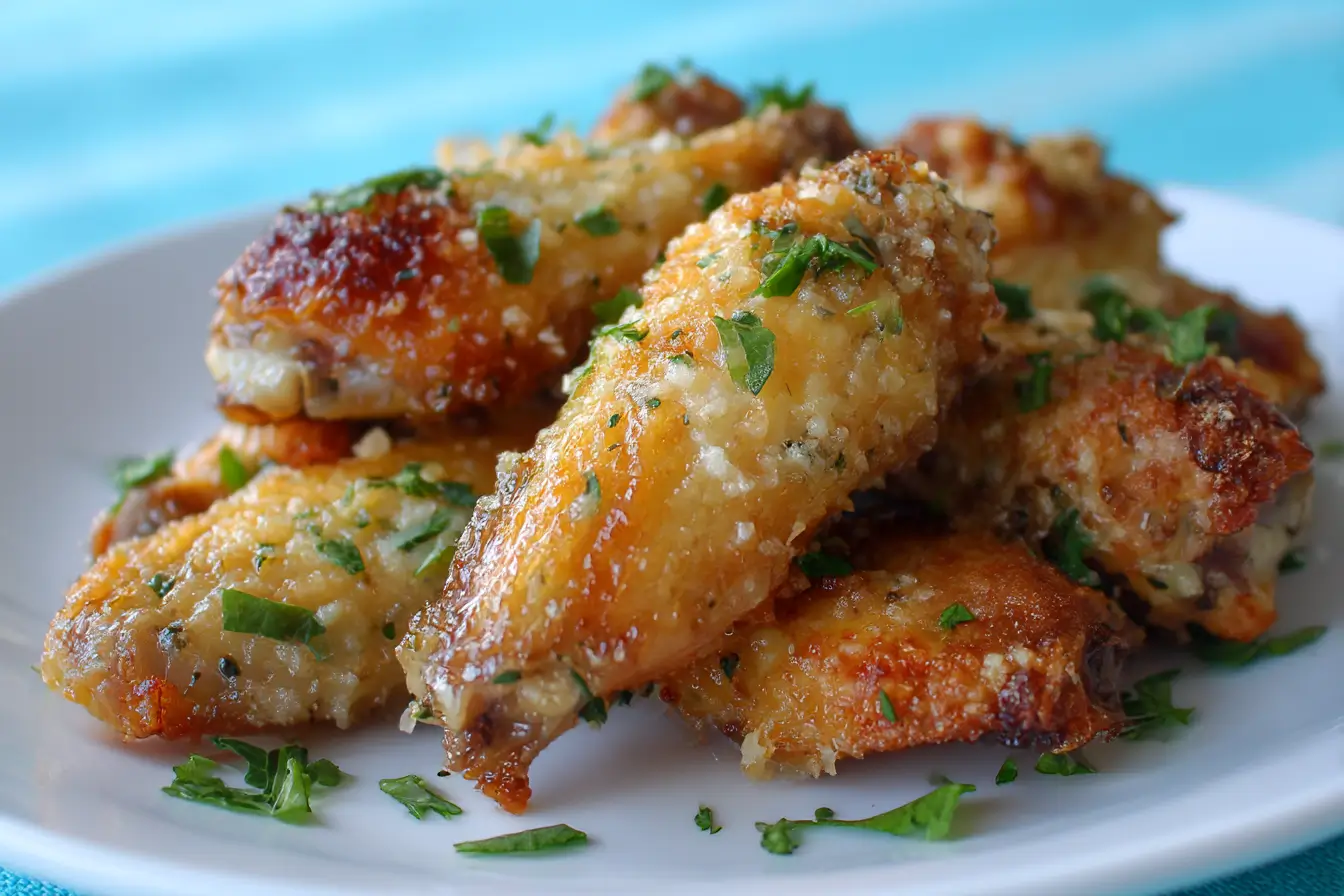 Crispy air fryer garlic Parmesan wings with a golden crust ready to be served.