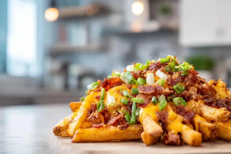 Delicious air fryer loaded fries topped with cheese, bacon, and green onions.