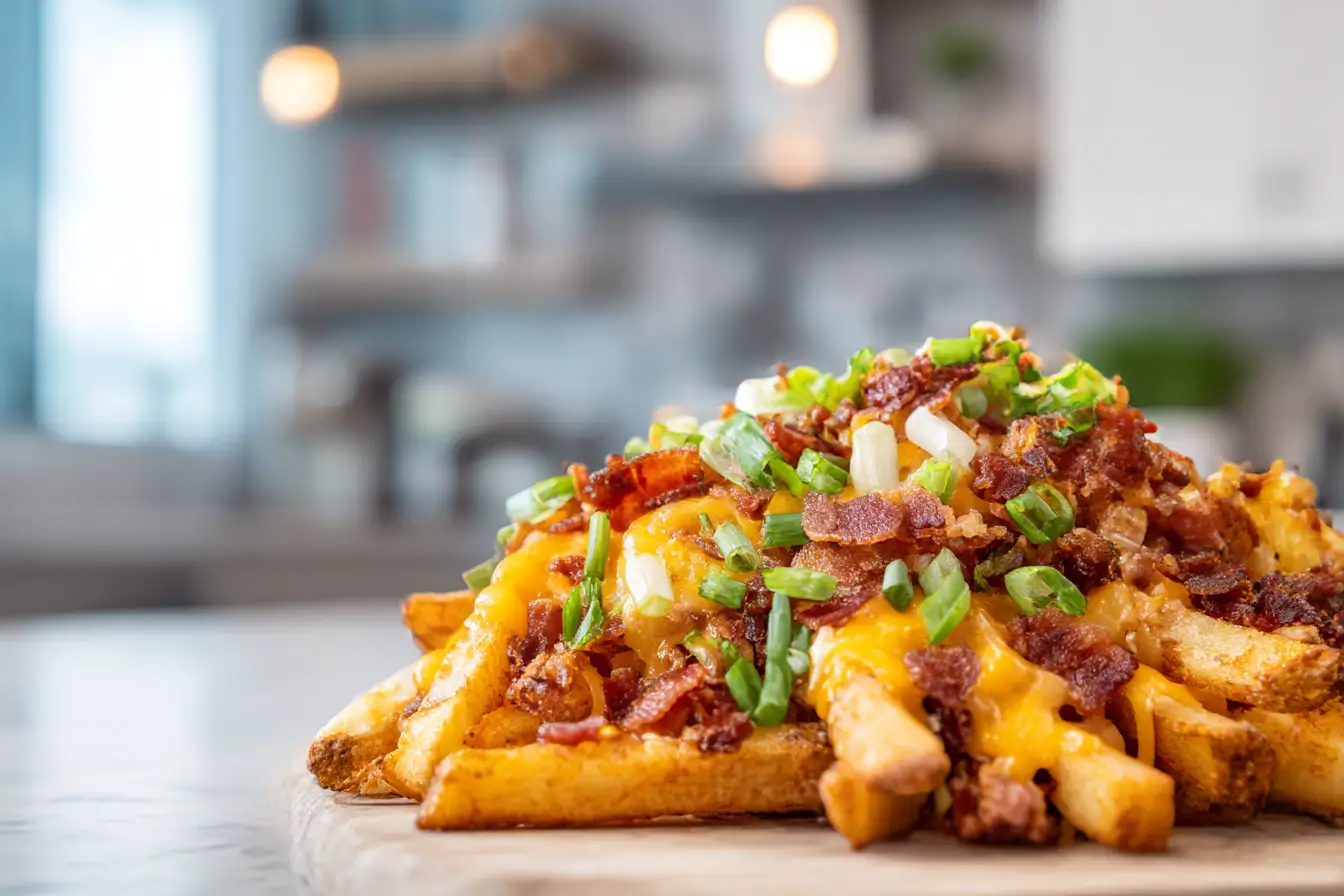Delicious air fryer loaded fries topped with cheese, bacon, and green onions.