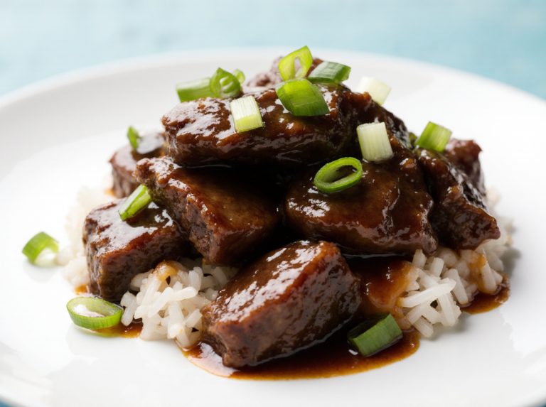 Delicious air fryer Mongolian beef served with vibrant vegetables on a plate.