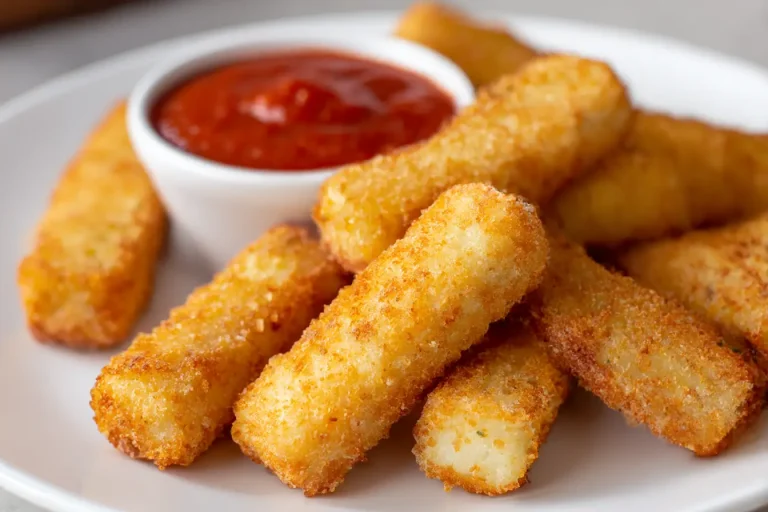 Crispy air fryer mozzarella sticks with a cheesy, gooey center perfect for dipping.