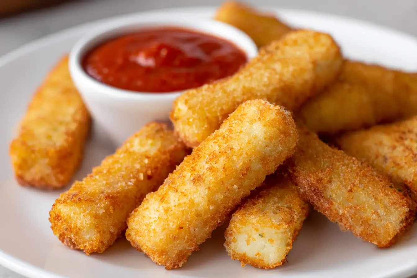 Crispy air fryer mozzarella sticks with a cheesy, gooey center perfect for dipping.