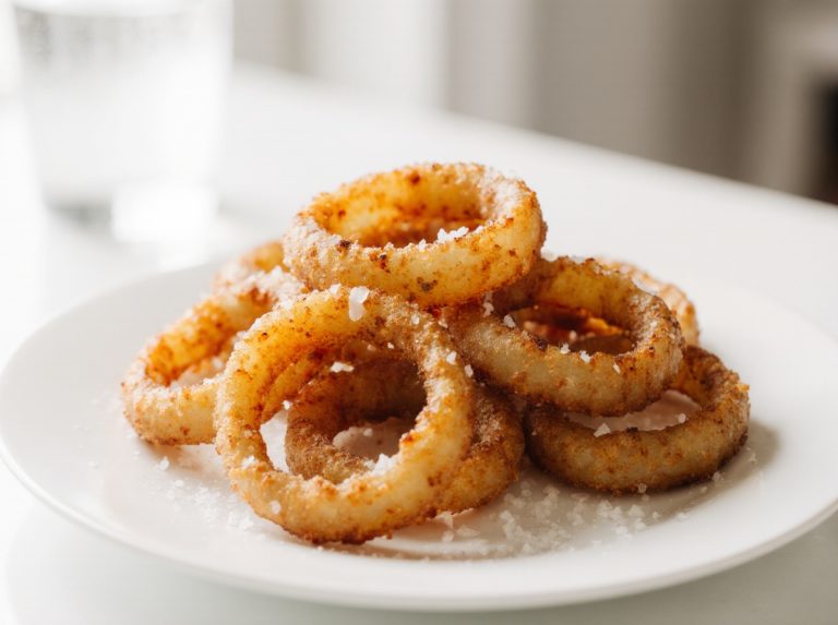 Crispy air fryer onion rings served with a tangy dipping sauce.