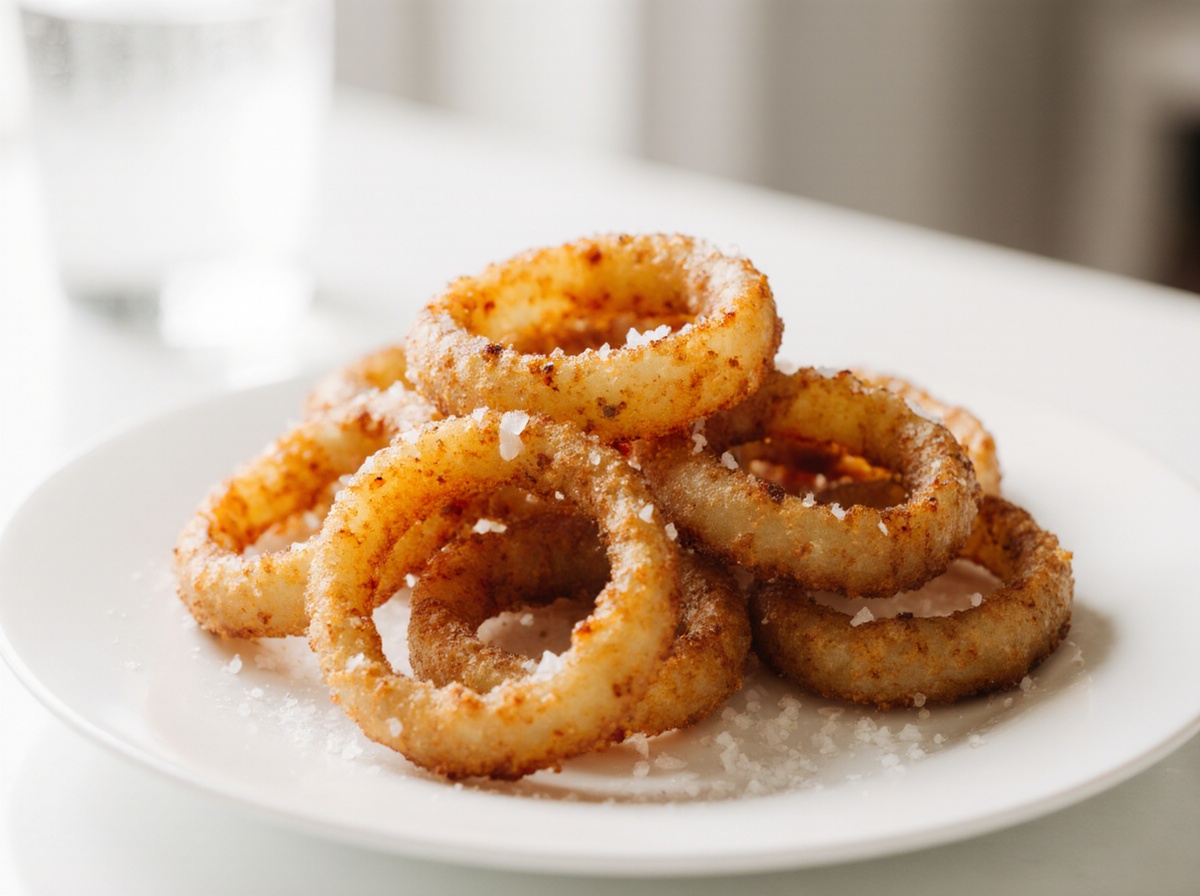 Crispy air fryer onion rings served with a tangy dipping sauce.