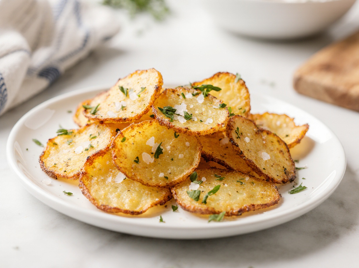 Crispy air fryer potato chips perfectly golden and seasoned, ready for snacking.