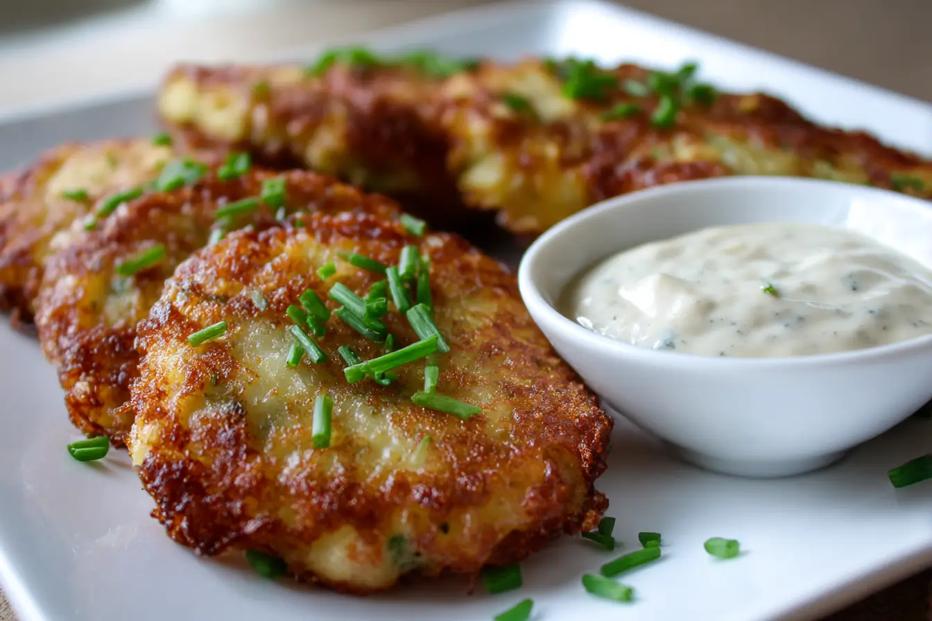 Crispy air fryer potato pancakes served with a dollop of sour cream and fresh herbs.