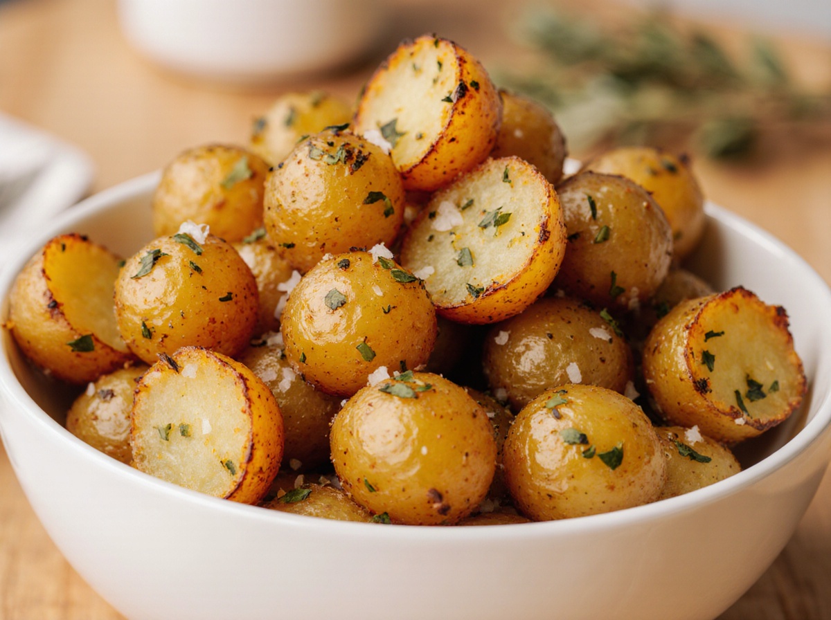 Crispy air fryer roasted potatoes with a golden exterior and fluffy interior.