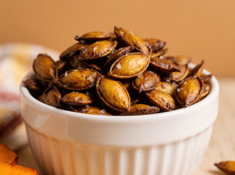 Crunchy air fryer roasted pumpkin seeds with a deliciously seasoned coating, perfect for snacking.