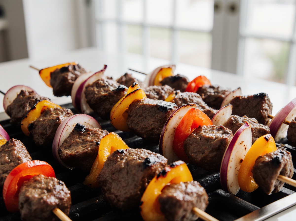 Delicious air fryer steak kabobs with colorful vegetables grilled to perfection.