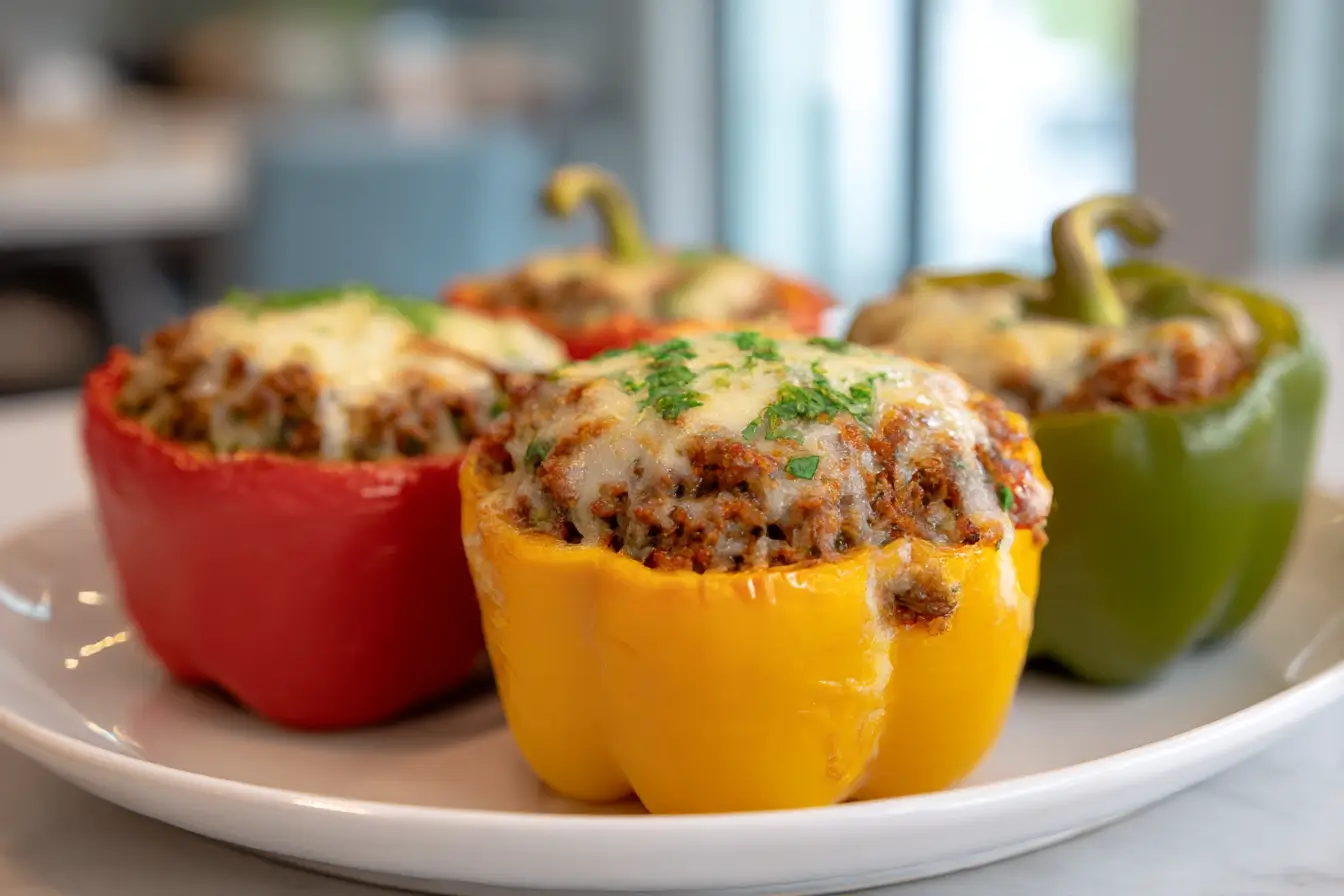 Delicious air fryer stuffed peppers loaded with savory filling and topped with melted cheese.