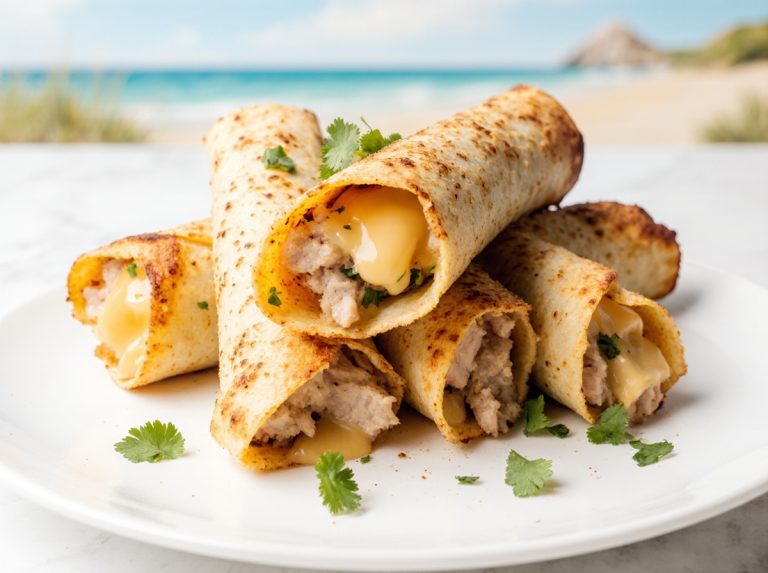 Deliciously crispy air fryer taquitos loaded with savory fillings and garnished with fresh toppings.