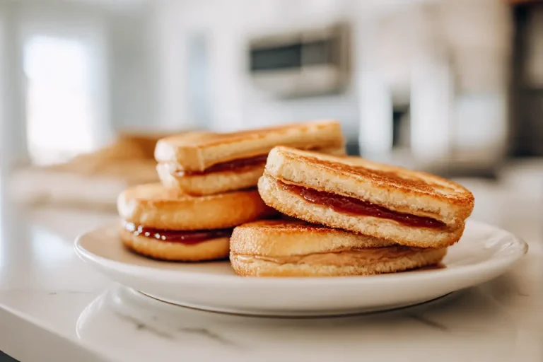 Golden brown air fryer uncrustables stuffed with creamy peanut butter and sweet jelly.
