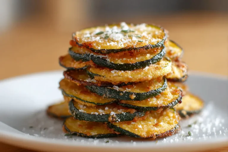 Crispy air fryer zucchini chips seasoned to perfection, offering a healthy and tasty snack alternative.