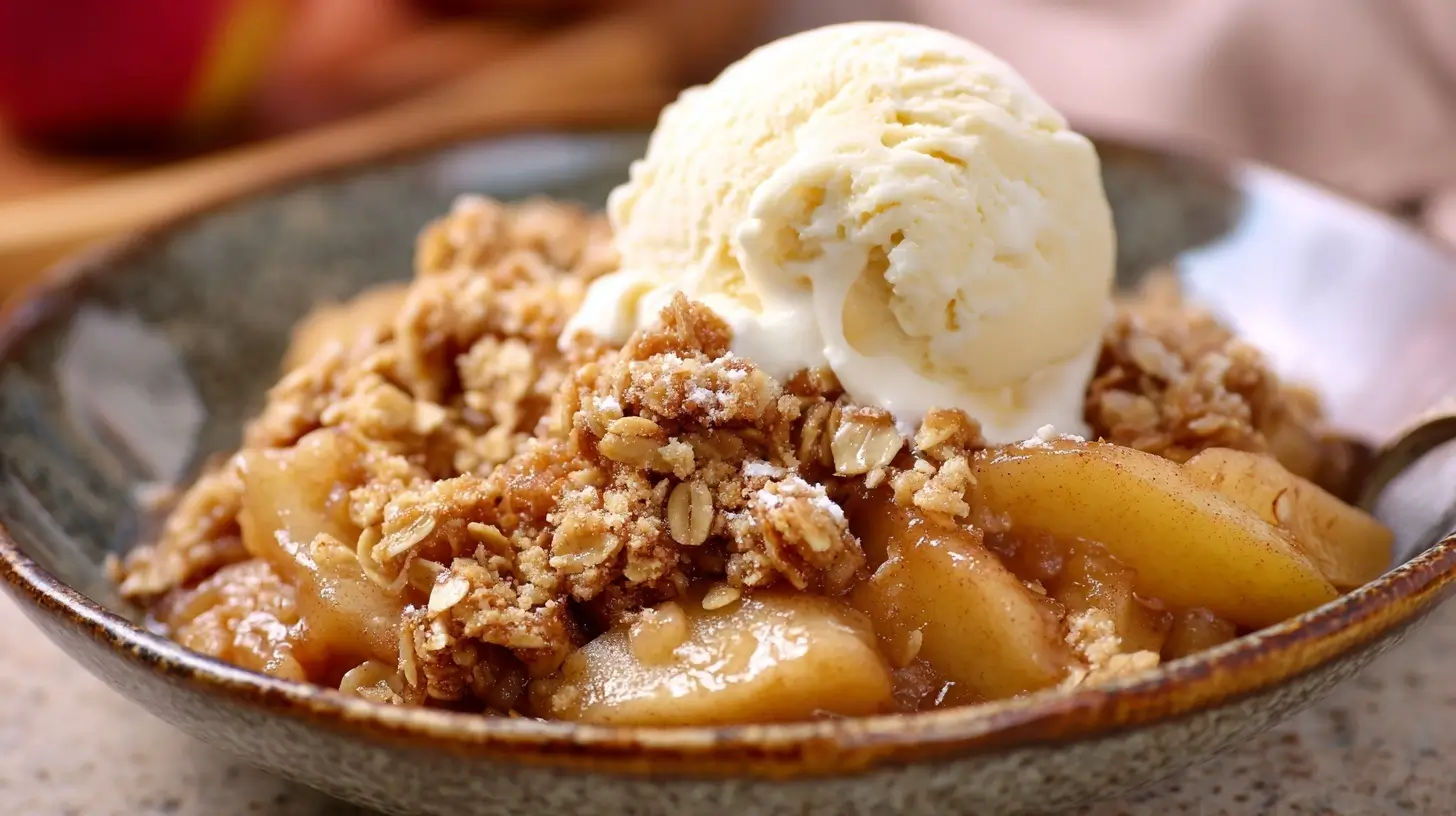 Delicious air fryer apple crisp with a golden, crunchy topping and warm, spiced apples.