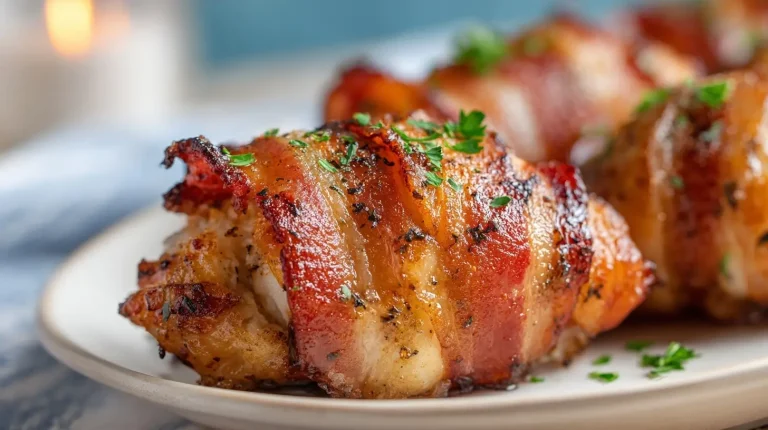 Delicious air fryer bacon wrapped chicken that is crispy and juicy.