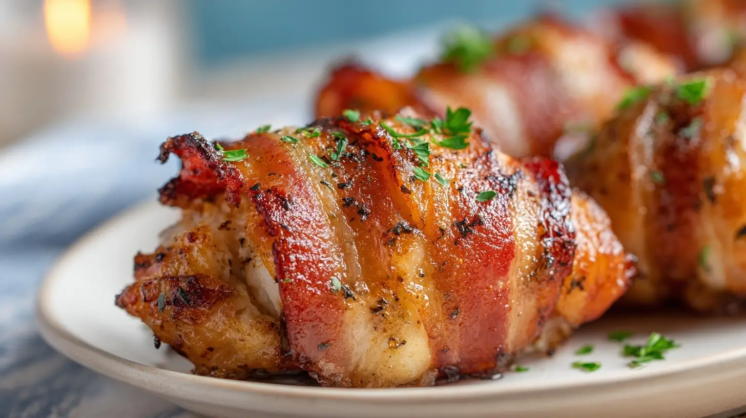 Delicious air fryer bacon wrapped chicken that is crispy and juicy.