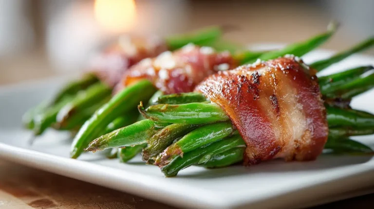 Delicious air fryer bacon wrapped green beans, perfectly crisped and full of flavor.