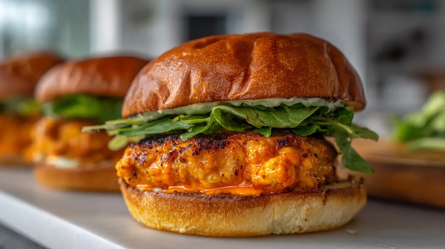 Delicious air fryer buffalo chicken burger topped with fresh veggies and spicy sauce.
