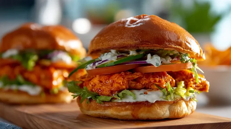 Delicious air fryer buffalo chicken sandwich loaded with spicy chicken and fresh toppings.