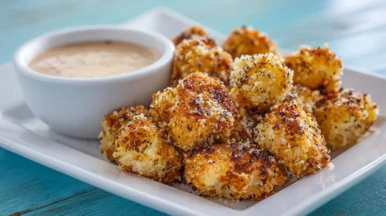 Crispy air fryer cauliflower tots served with a tangy dipping sauce, perfect for snacks.