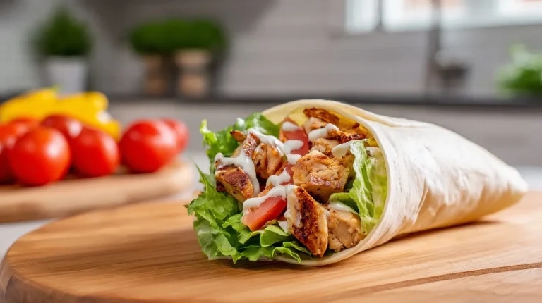 Delicious air fryer chicken snack wrap filled with crispy chicken and fresh veggies.