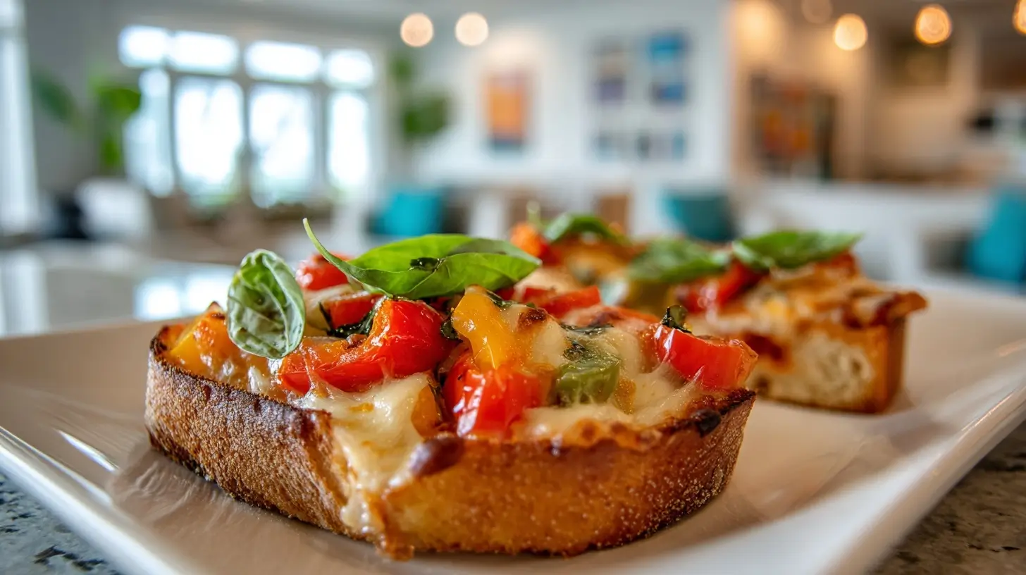 Delicious Air Fryer French Bread Pizza topped with fresh ingredients and melted cheese.