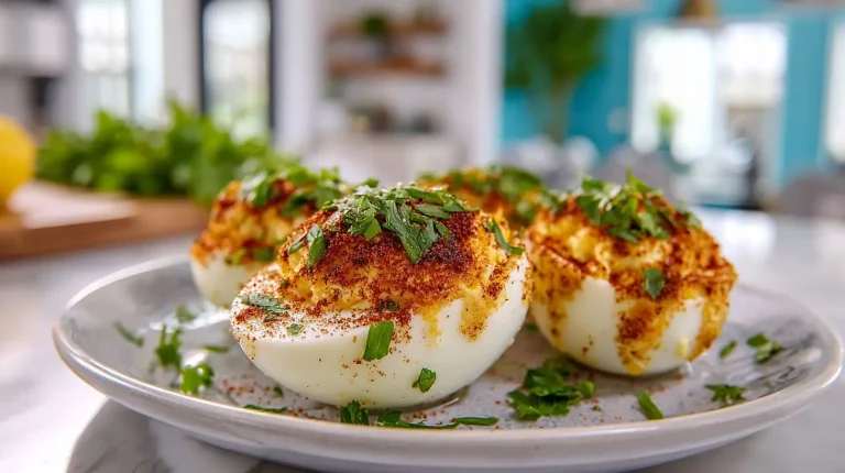 Delicious air fryer fried deviled eggs topped with a sprinkle of paprika for a flavorful bite.