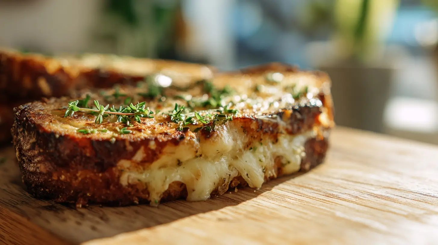 Delicious air fryer garlic bread grilled cheese sandwich with golden crispy edges.