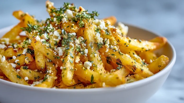 Crispy air fryer Greek fries seasoned with herbs and spices, served with a refreshing dip.