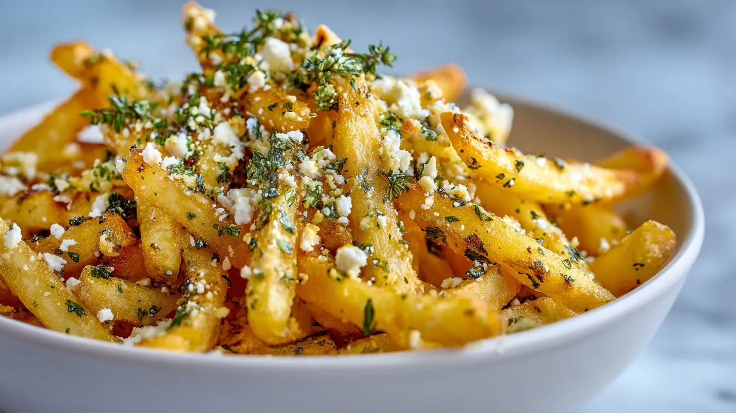 Crispy air fryer Greek fries seasoned with herbs and spices, served with a refreshing dip.