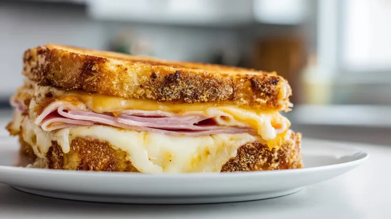 Delicious air fryer hot ham and cheese sandwich with crispy golden bread and melted cheese.