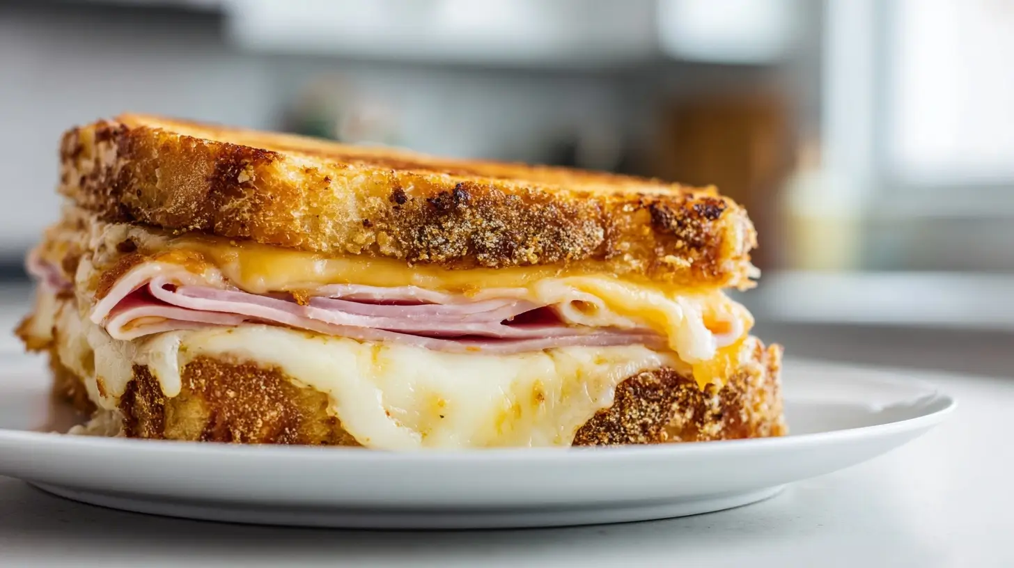 Delicious air fryer hot ham and cheese sandwich with crispy golden bread and melted cheese.