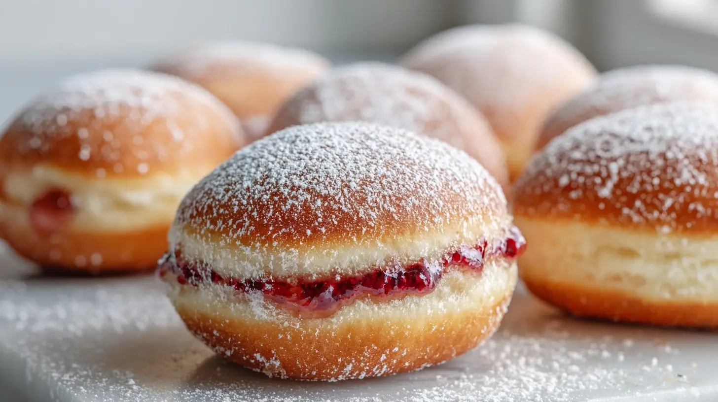 Delicious air fryer jelly donuts with a light dusting of powdered sugar.