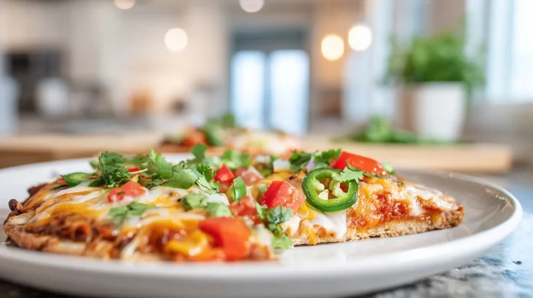 Delicious air fryer Mexican pizza topped with fresh ingredients and cheese melted to perfection.