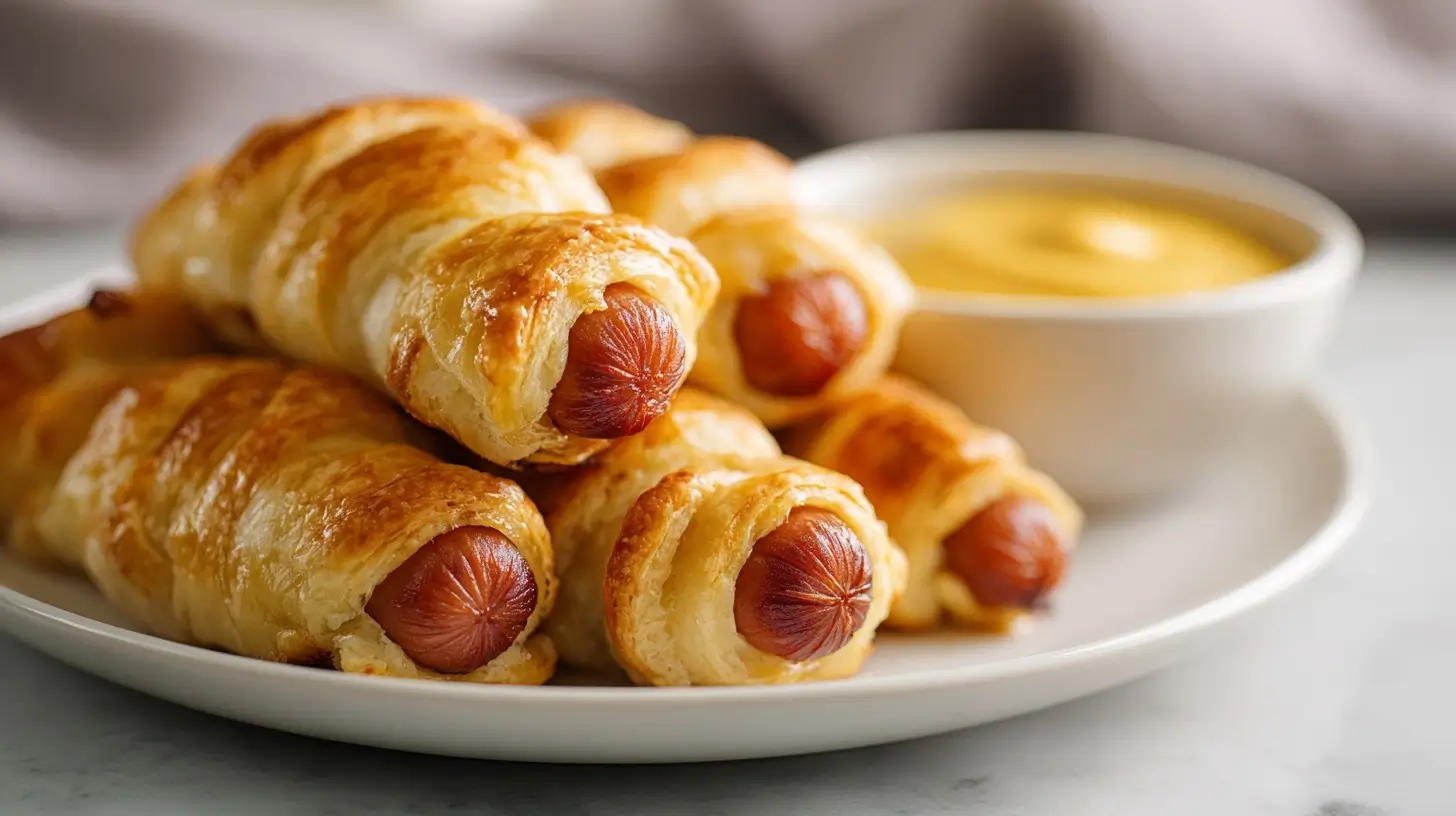 Delicious air fryer mummy hot dogs wrapped in crescent dough, perfect for Halloween parties.