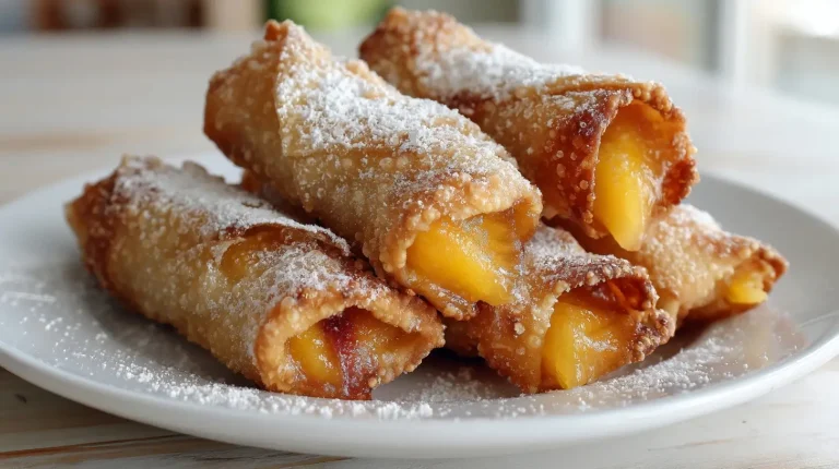 Delicious air fryer peach cobbler egg rolls with crispy golden exterior and sweet peach filling.