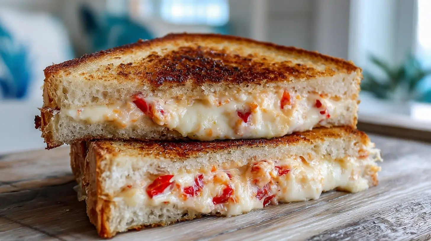 Delicious air fryer pimento grilled cheese sandwich with gooey cheese and crispy bread.